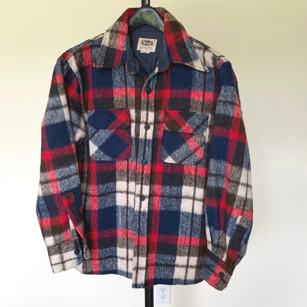 70's Mohawk CPO style Plaid‎ Shirt Jacket Red Blue Wool Blend Flannel Medium